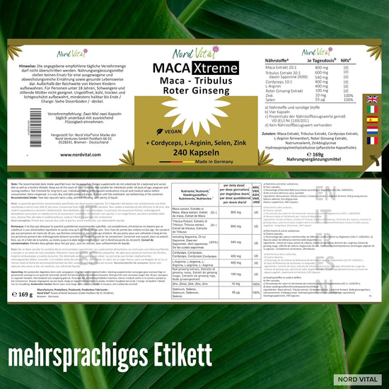 Nord Vital Maca Xtreme – Etikett mit Zutatenliste und Nährwertangaben
