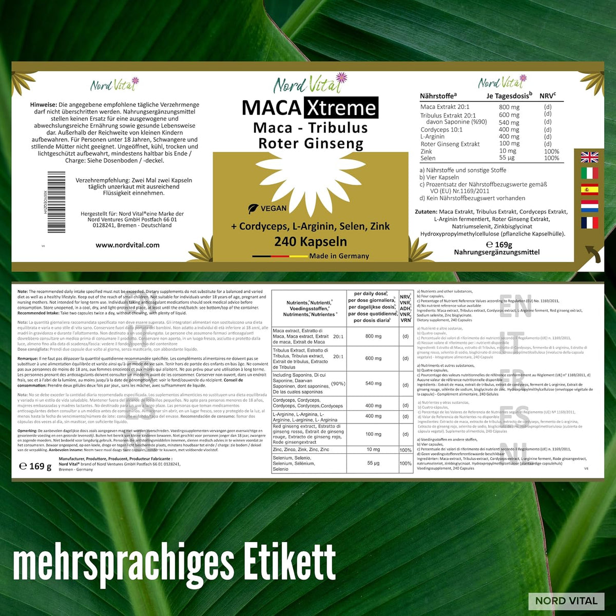Nord Vital Maca Xtreme – Etikett mit Zutatenliste und Nährwertangaben