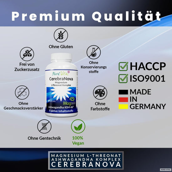 Nord Vital CerebraNova Magnesium-L-Threonat Komplex – Grafik zu Herstellung und Qualitätsstandards (HACCP, ISO 9001)