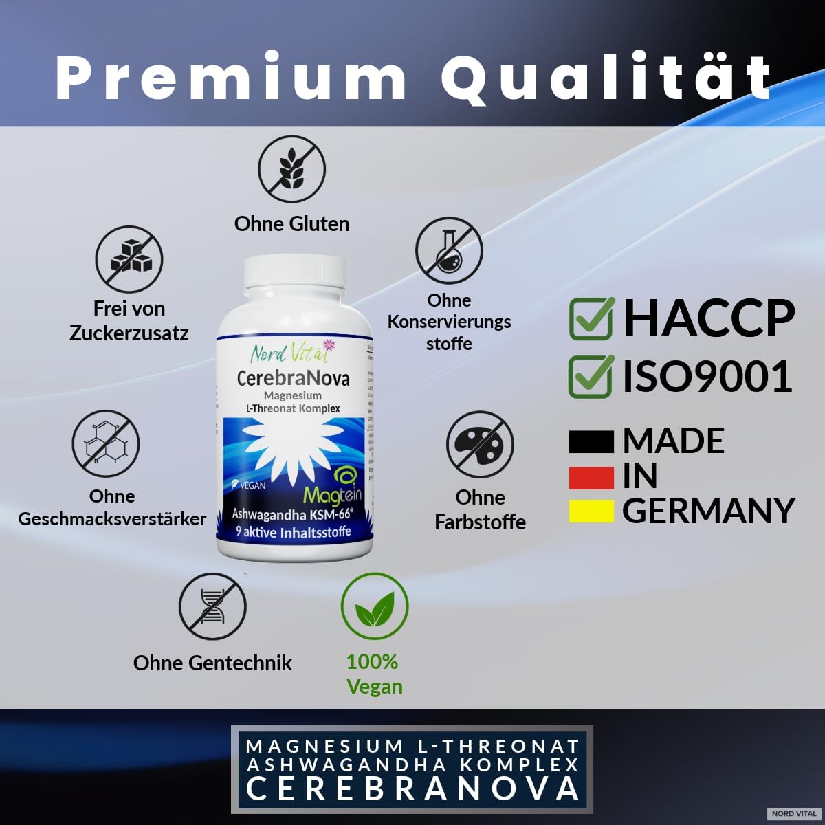 Nord Vital CerebraNova Magnesium-L-Threonat Komplex – Grafik zu Herstellung und Qualitätsstandards (HACCP, ISO 9001)