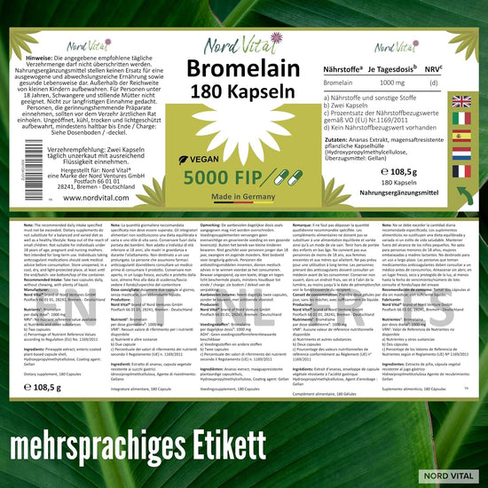 Nord Vital Bromelain – Etikett mit Zutatenliste und Nährwertangaben