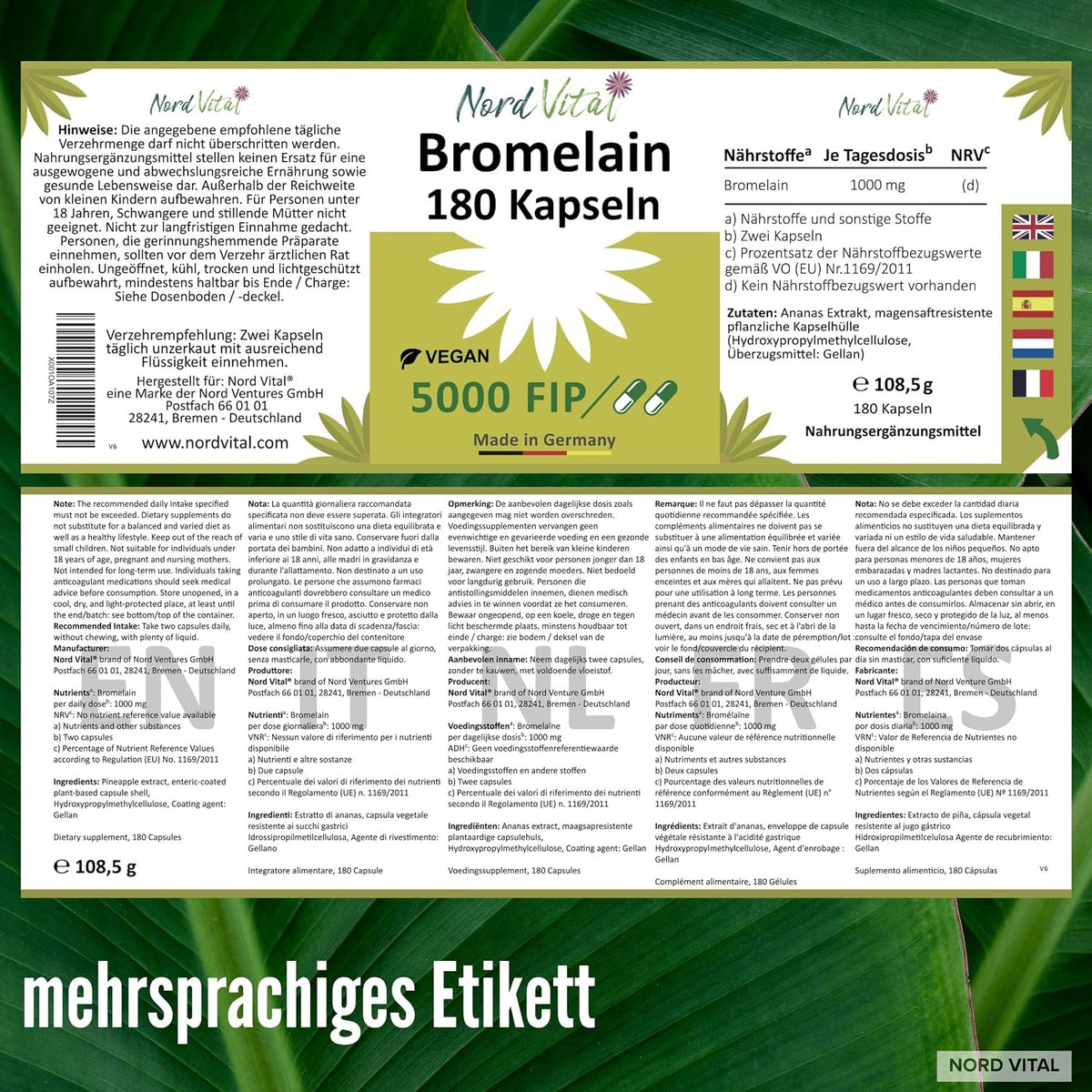 Nord Vital Bromelain – Etikett mit Zutatenliste und Nährwertangaben