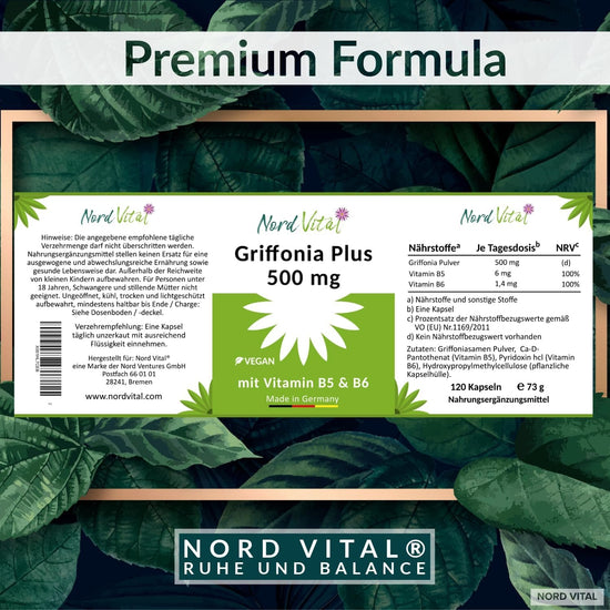 Nord Vital Griffonia Plus 500 mg – Etikett mit Zutatenliste und Nährwertangaben