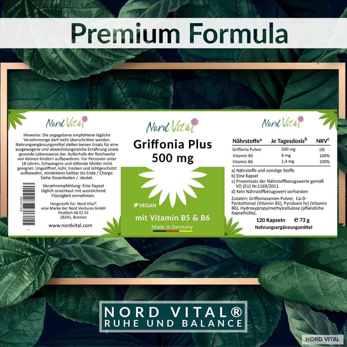 Nord Vital Griffonia Plus 500 mg – Etikett mit Zutatenliste und Nährwertangaben